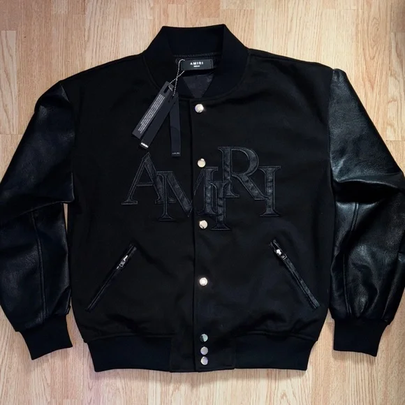AMIRI All-Black Leather-Sleeve Bomber Jacket - Picture 1 of 4
